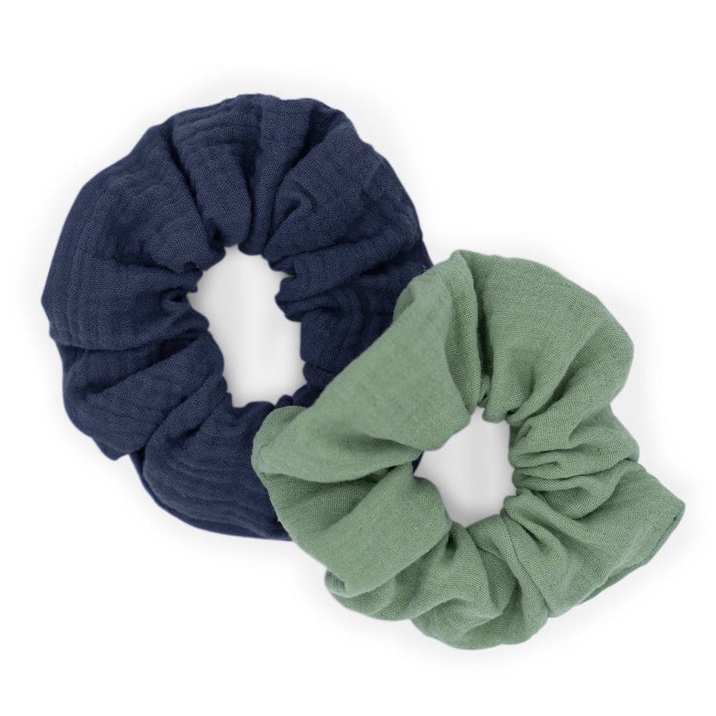 Stylisches 2er-Set Musselin-Scrunchie von Hutch&Putch, eucalyptus & graublau